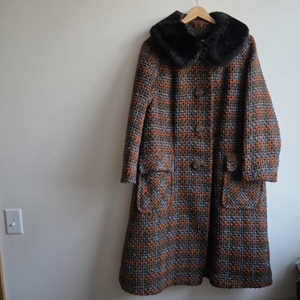 VTG‎ 1950's Womens Tweed Full Length Orange Brown Overcoat LG Heritage Old Money